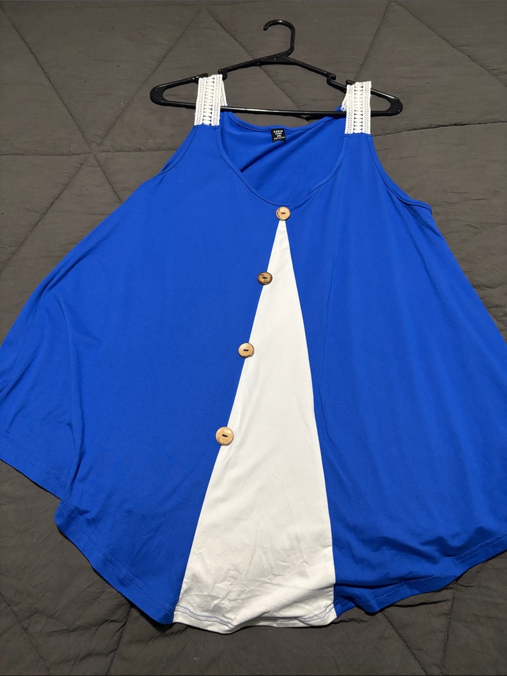 SHEIN Blue Sleeveless Tank with White Center Panel and Wood Buttons